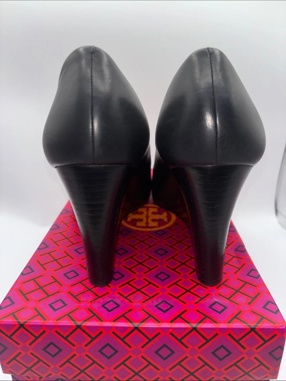 Tory Burch Black Leather Peep Toe Wedges with Gold Logo Medallion